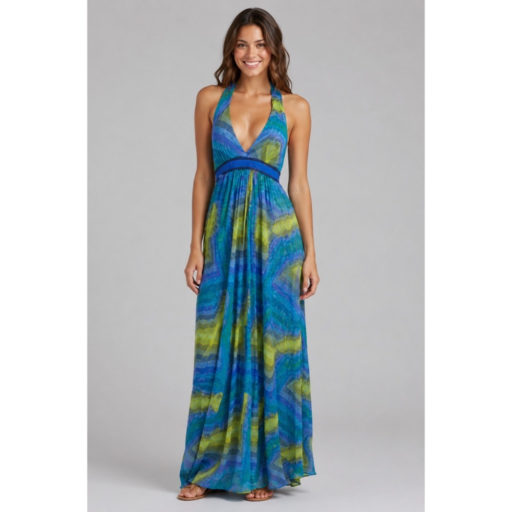 Y2K BCBGMaxazria Retro Disco Glam Resort Dress Womens 8 Blue Green Metallic Silk